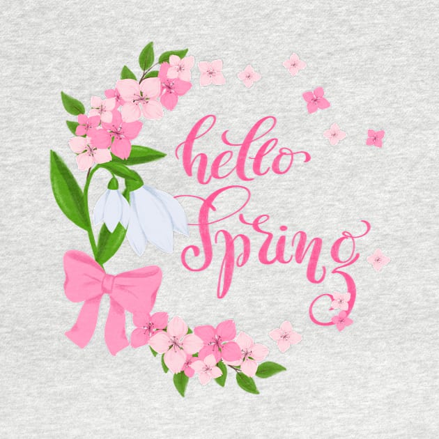 Spring wreath with snowdrops and cherry blossom and calligraphy "Hello Spring" by Ayaruta